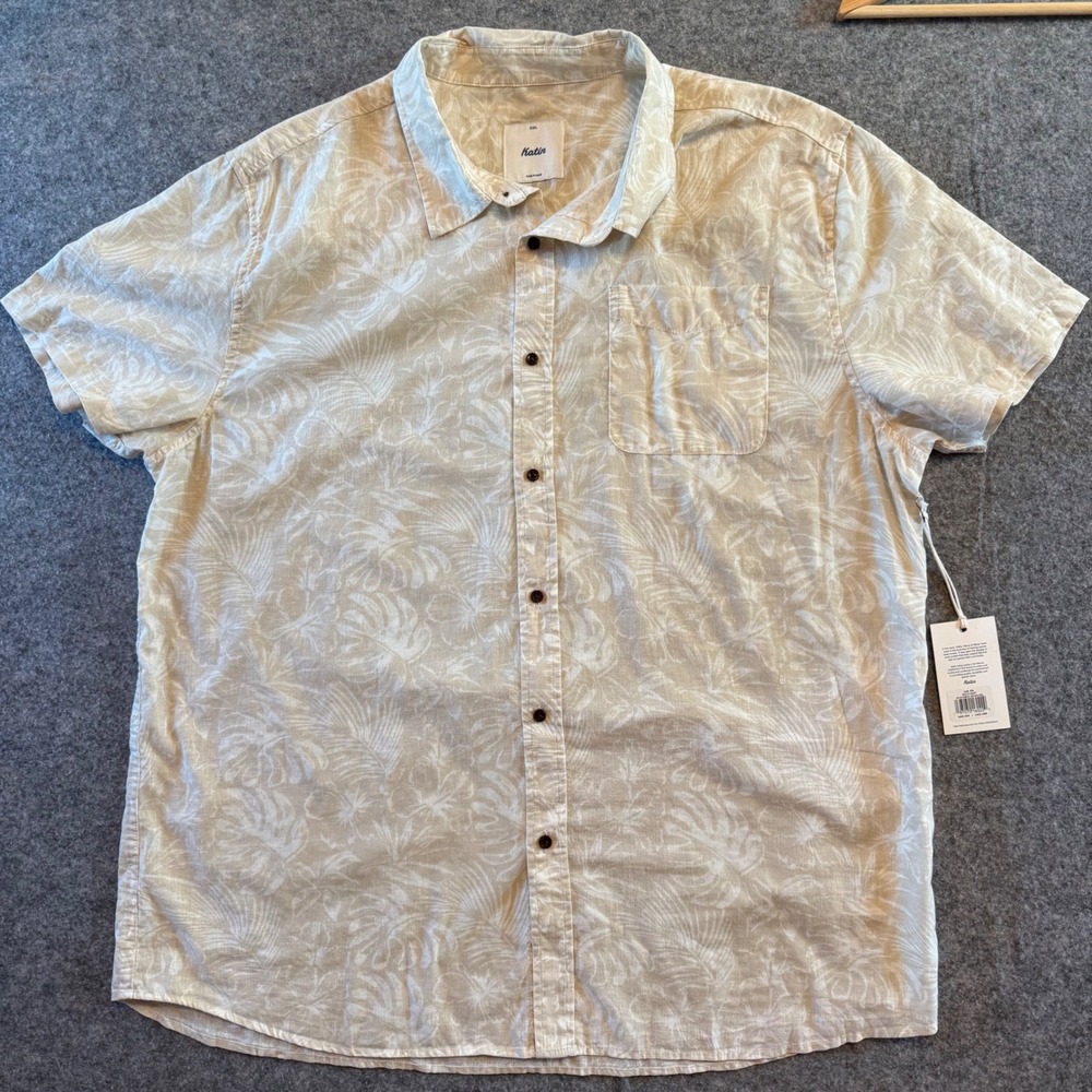 Katin Mens XXL Moco Shirt Moon Cream Tropical Leaf Short Sleeve Button Down NEW